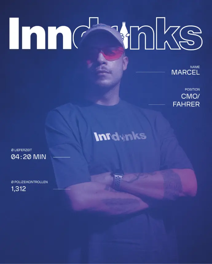 Eine Person steht vor dunklem Hintergrund in blau-violettem Licht, trägt eine Schirmmütze und rote Sportbrille und hat die Arme verschränkt. Auf dem T-Shirt steht „Inndrinks“. Rund um die Figur sind magazinartige Texte platziert, darunter Name, Position, durchschnittliche Lieferzeit und statistische Angaben zu Polizeikontrollen.
