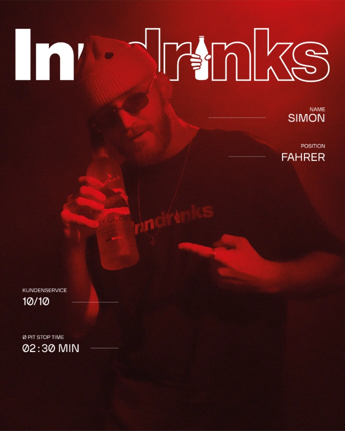 Eine Person posiert in rotem Licht vor dunklem Hintergrund, trägt Mütze und Sonnenbrille und hält eine Flasche an die Wange, während sie mit der anderen Hand darauf zeigt. Auf dem T-Shirt steht „Inndrinks“. Um die Figur sind Magazin-ähnliche Texte wie Name, Position, Kundenservice-Bewertung und Pit-Stop-Zeit angeordnet.